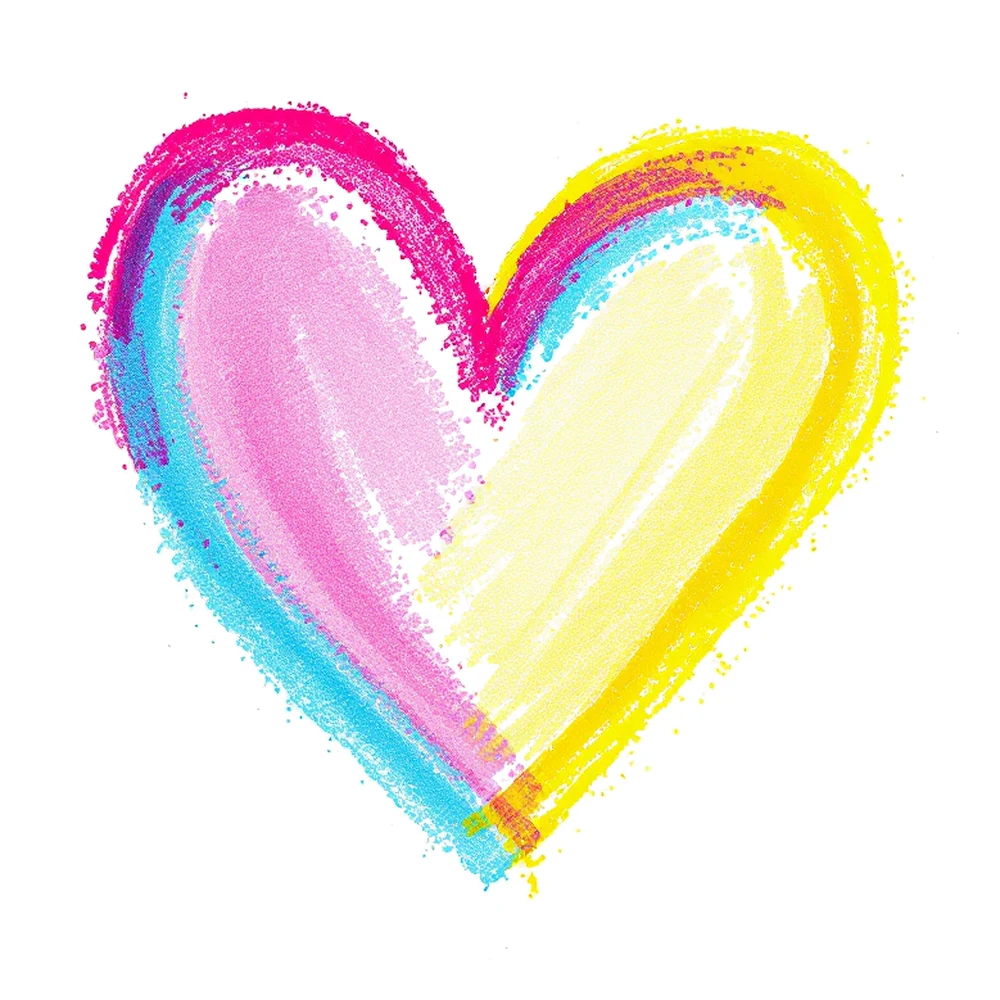 Corazón dibujado con ceras en rosa, cian y amarillo