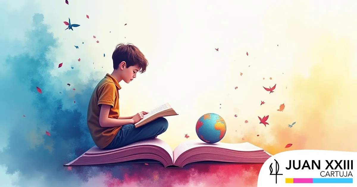Ilustración en acuarela de un estudiante leyendo sobre un libro abierto junto a un globo terráqueo