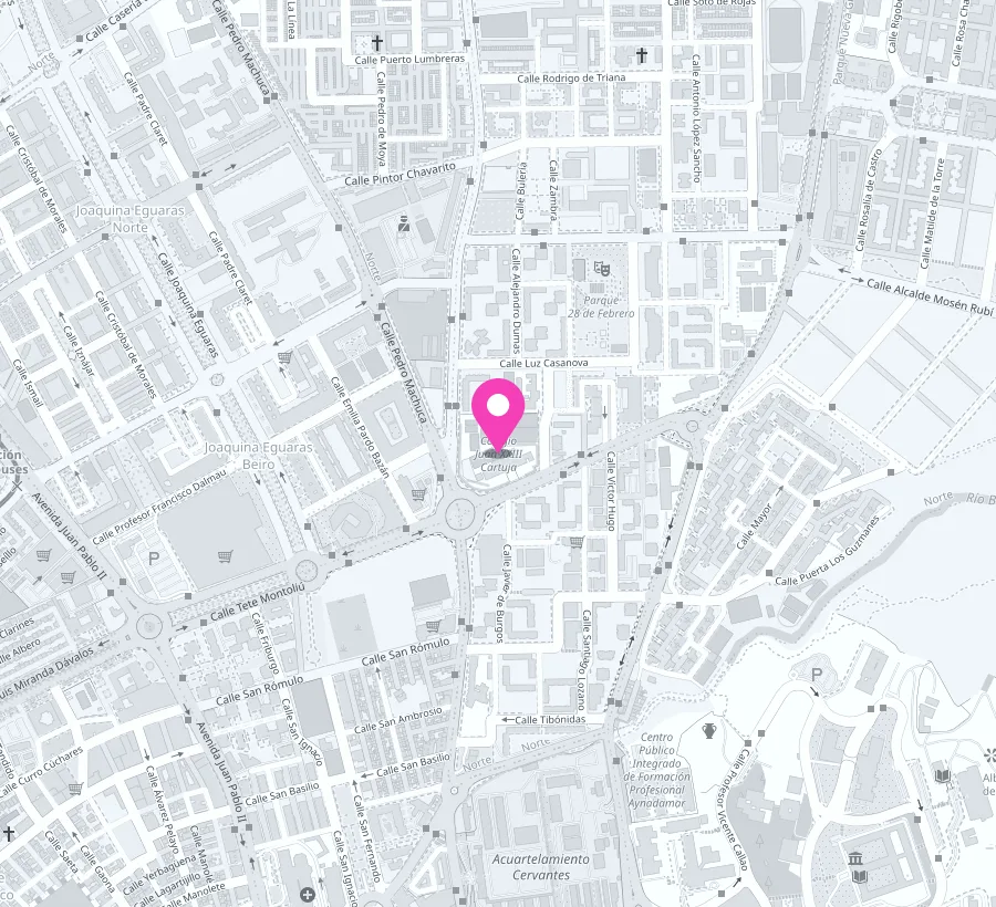 Mapa de situación del colegio Juan XXIII Cartuja en C/ Periodista Luis de Vicente, 1, Granada. Pulsa para ver cómo llegar.