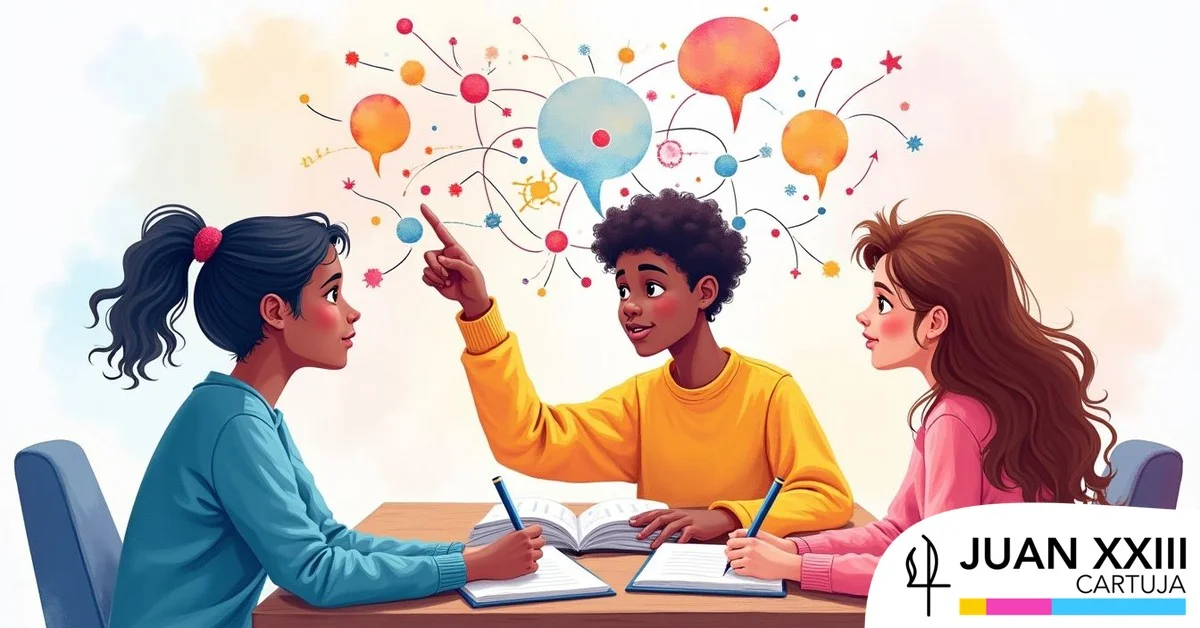 Tres estudiantes adolescentes estudian juntos en una mesa mientras un mapa mental de colores flota sobre ellos, en acuarela